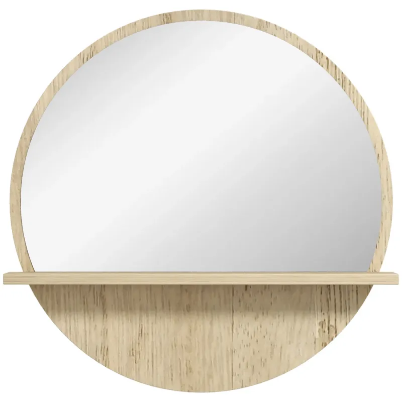 45cm Round Wall Mirror with Shelf - Natural Wood Effect