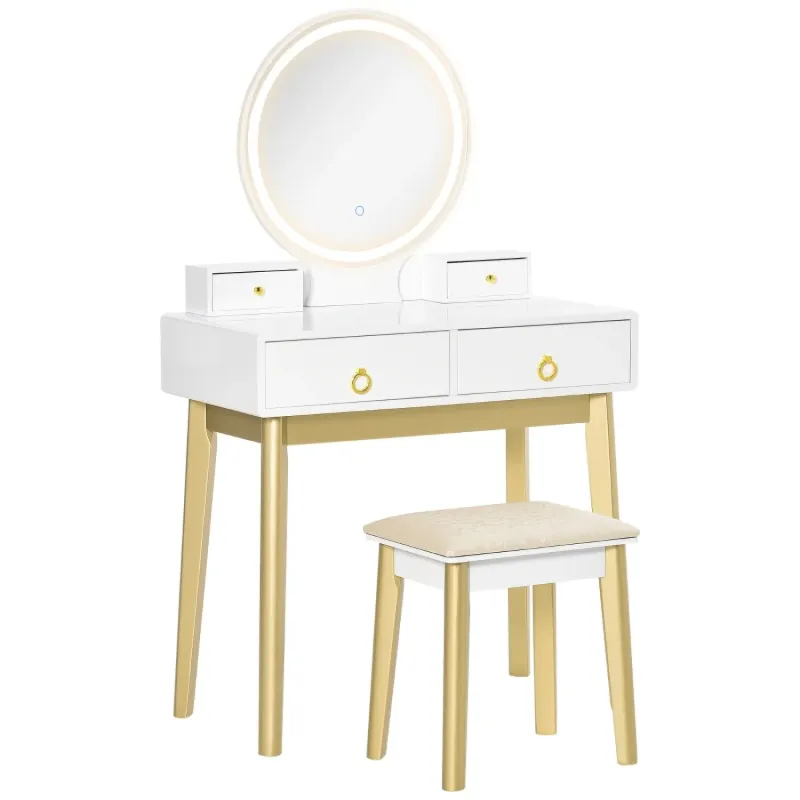 White Dressing Table Set with 3-Colour LED Mirror, 4 Drawers and Padded Stool