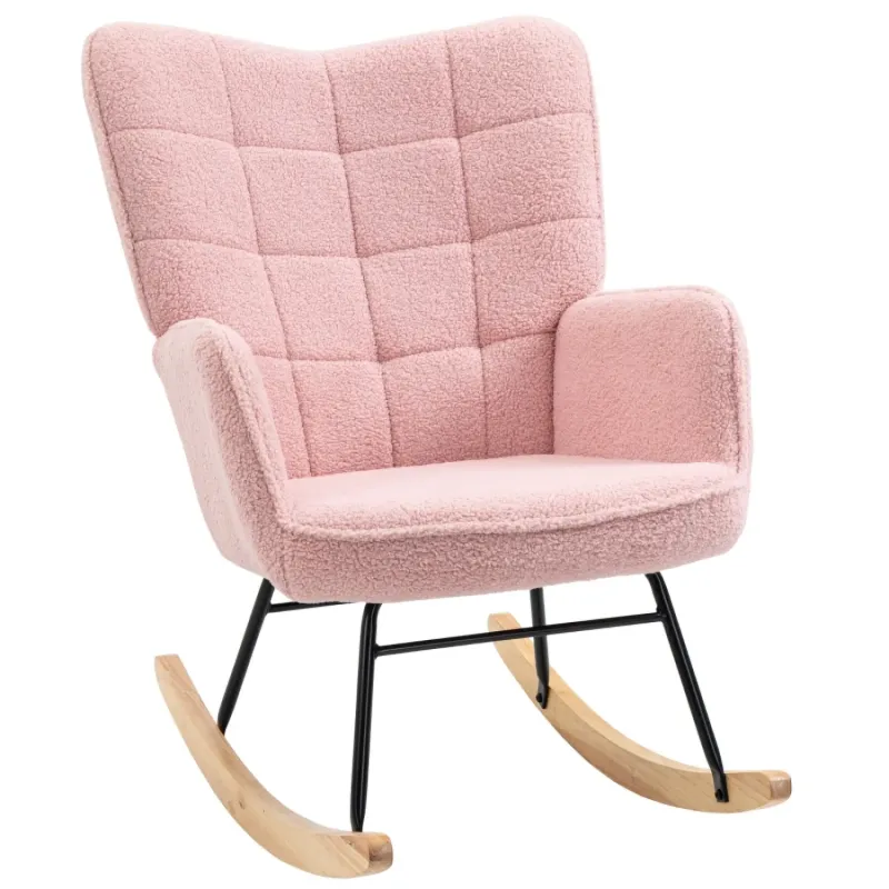Wingback Rocking Chair in Soft Fleecy Fabric - Pink