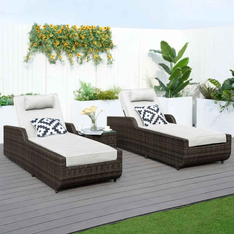 3 Piece Outdoor Rattan Sun Lounger Set with Side Table, Brown