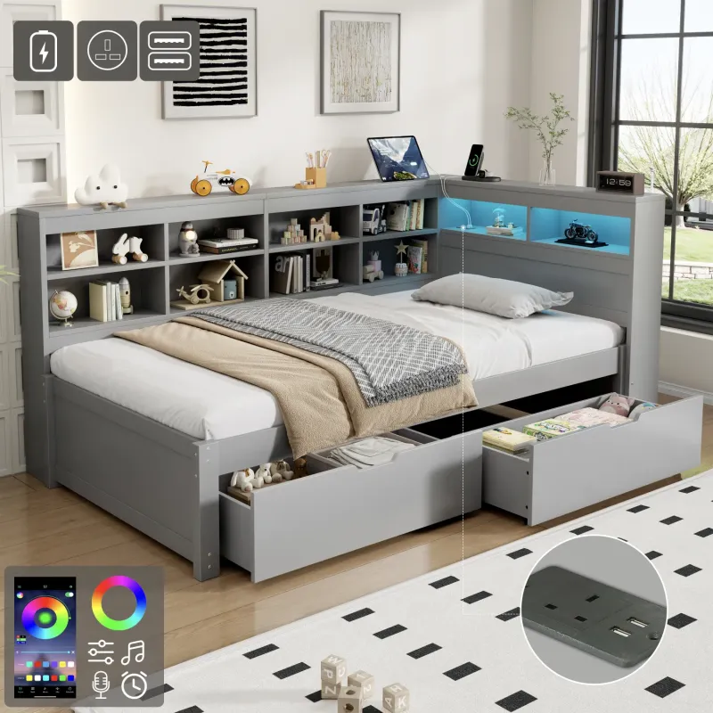 Wooden Daybed, Single, in Grey, with LED Storage Headboard and Drawers