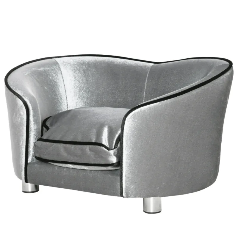Silver-Tone Pet Sofa Bed with Wooden Frame and Storage Pocket