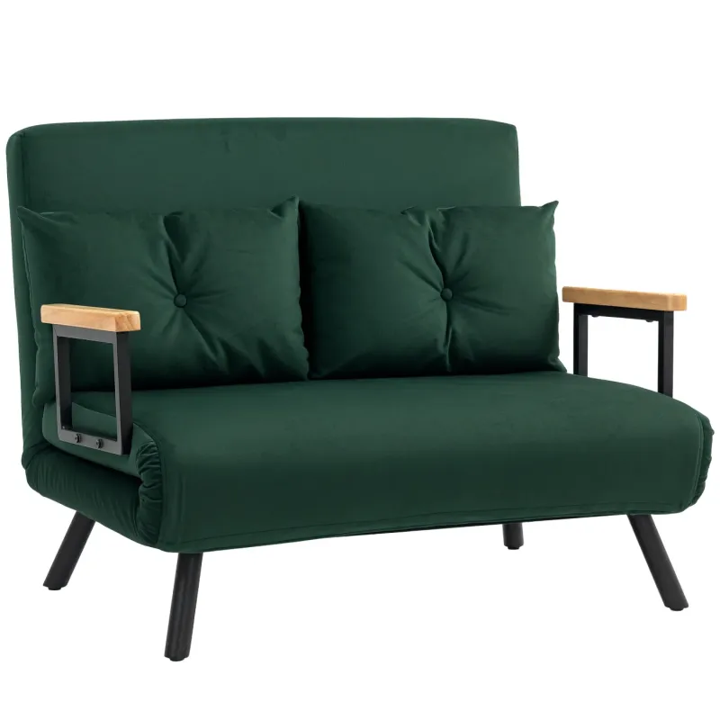  4-in-1 Velvet-Feel 2 Seater Sofa Bed with Pillows - Green