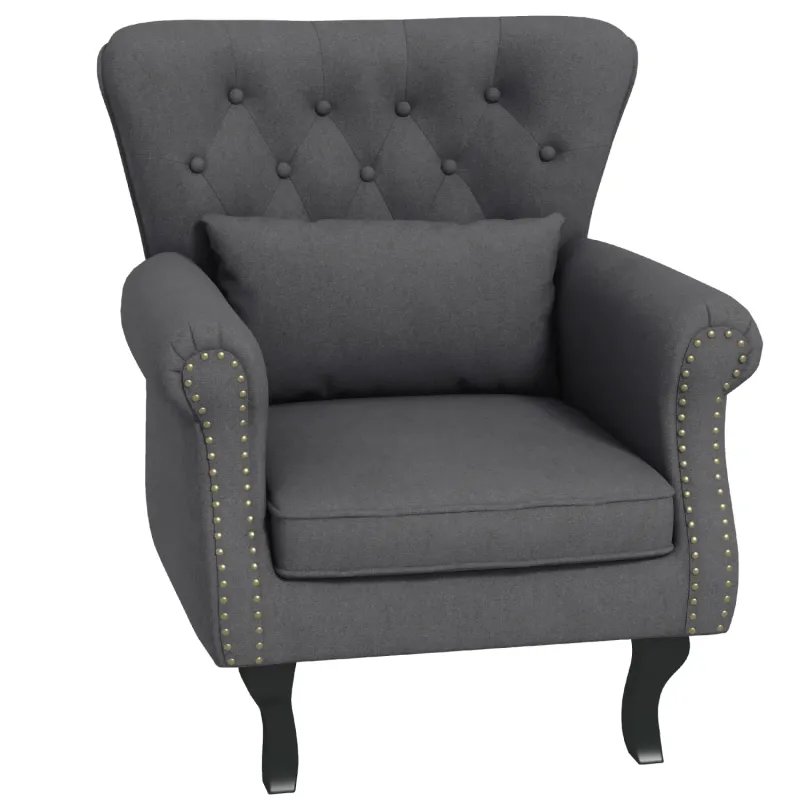 Linen-Look Armchair, in Grey, with Button Tufting and Nailhead Trim
