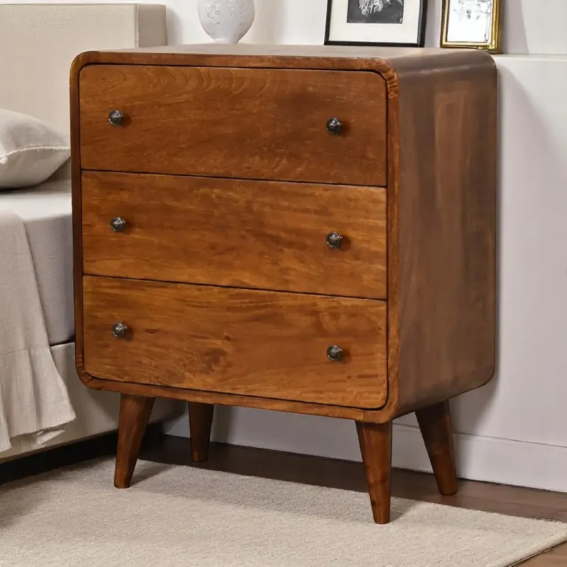 Chestnut Solid Mango Wood 3 Drawer Mini Curved Chest