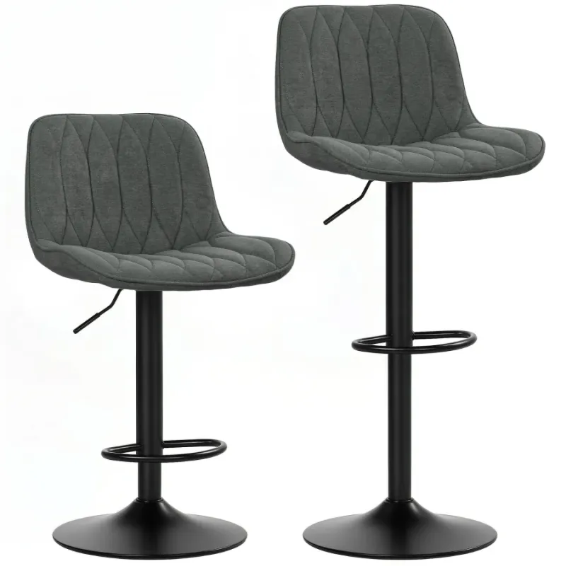 Set of 2 Charcoal Grey Adjustable Swivel Bar Stools with Linen-Look Fabric
