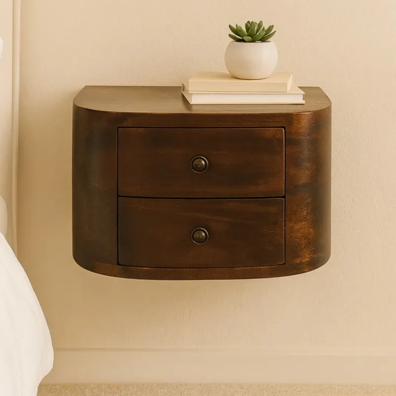 Lunar Solid Mango Wood Floating Bedside Table with 2 Drawers - Chestnut