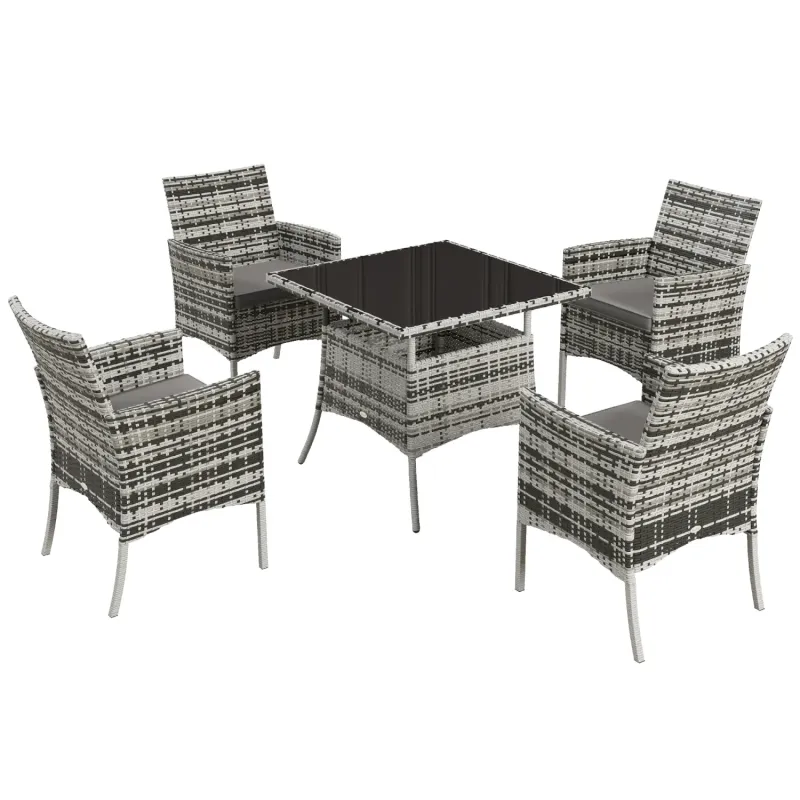  5-Piece Rattan Garden Dining Set with 4 Armchairs & Tempered Glass Table - Mixed Grey