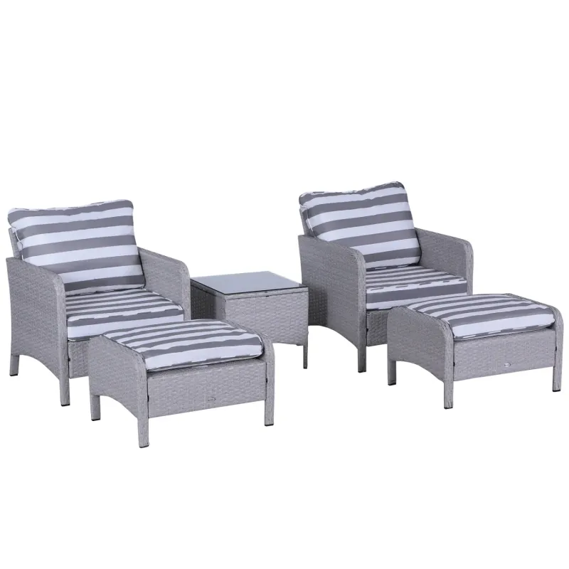  5-Piece Rattan Garden Furniture Set with 10cm Thick Cushions, 2 Armchairs, 2 Footstools and Glass Top Table - Grey
