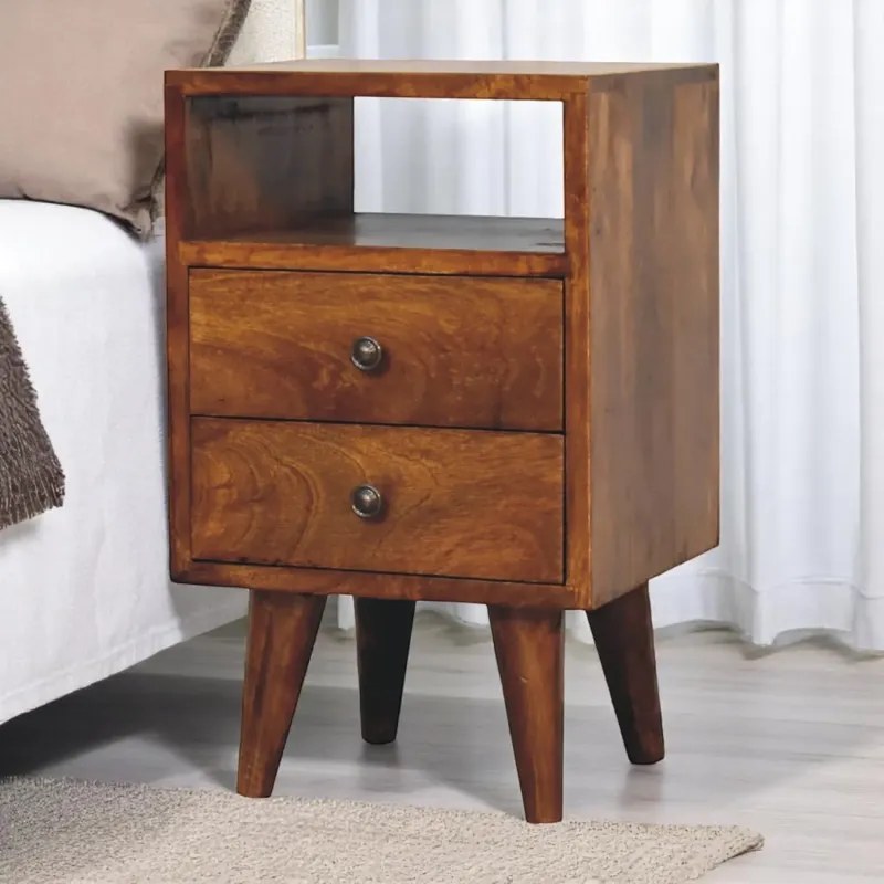 Solid Mango Wood Mini Chestnut Bedside Table with 2 Drawers and Open Slot
