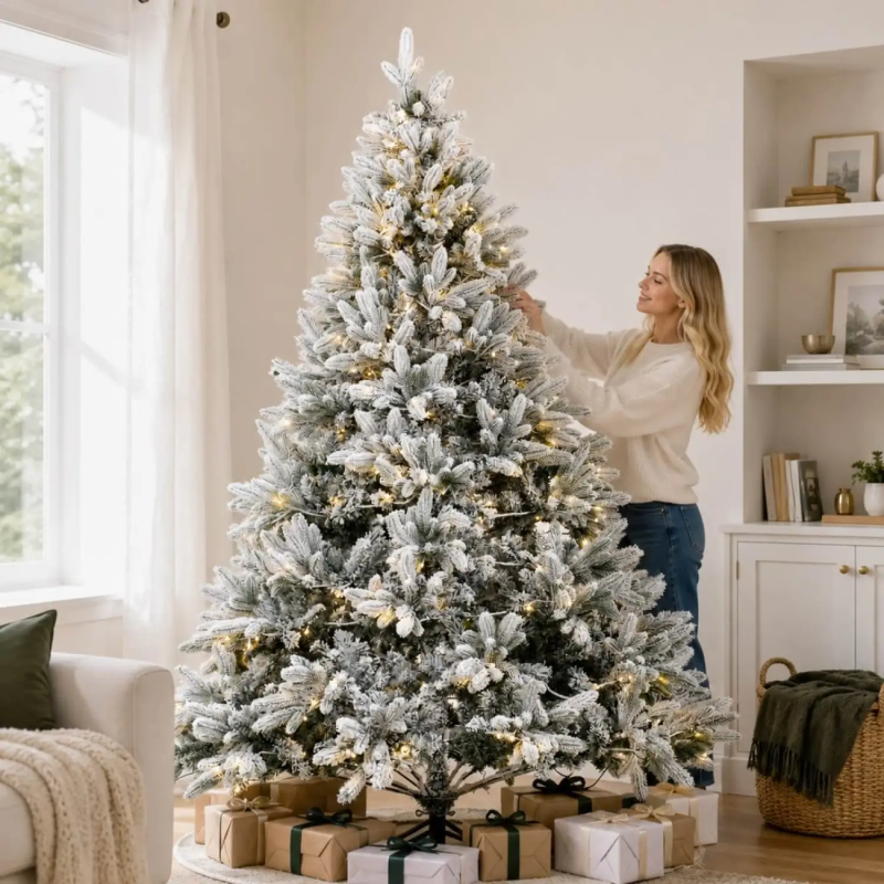 8ft Snow-Flocked Pre-Lit Artificial Christmas Tree with Mixed PE/PVC Foliage