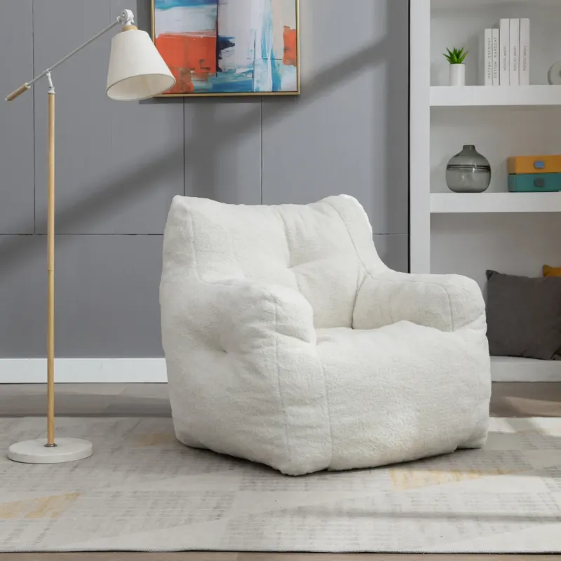 Ivory White Teddy Fabric Foam-Filled Bean Bag Chair