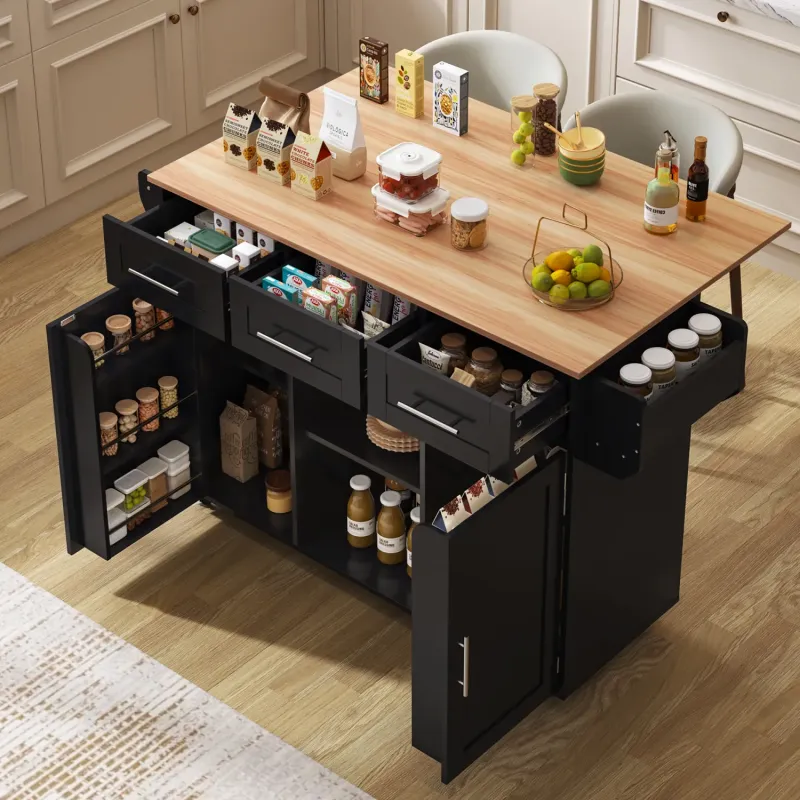 Kitchen Island with Foldable Wood Countertop and 3 Drawers - White & Wood