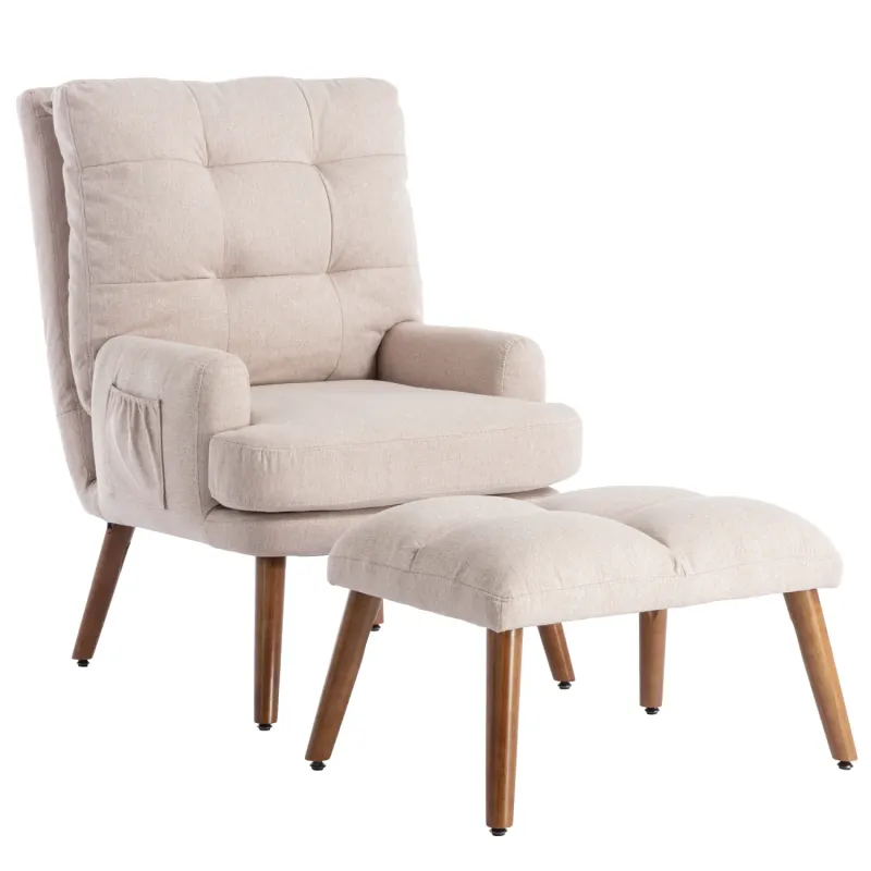Solid Wood and Iron Lounge Chair, in Beige, with 5-Stage Reclining Backrest and Footstool