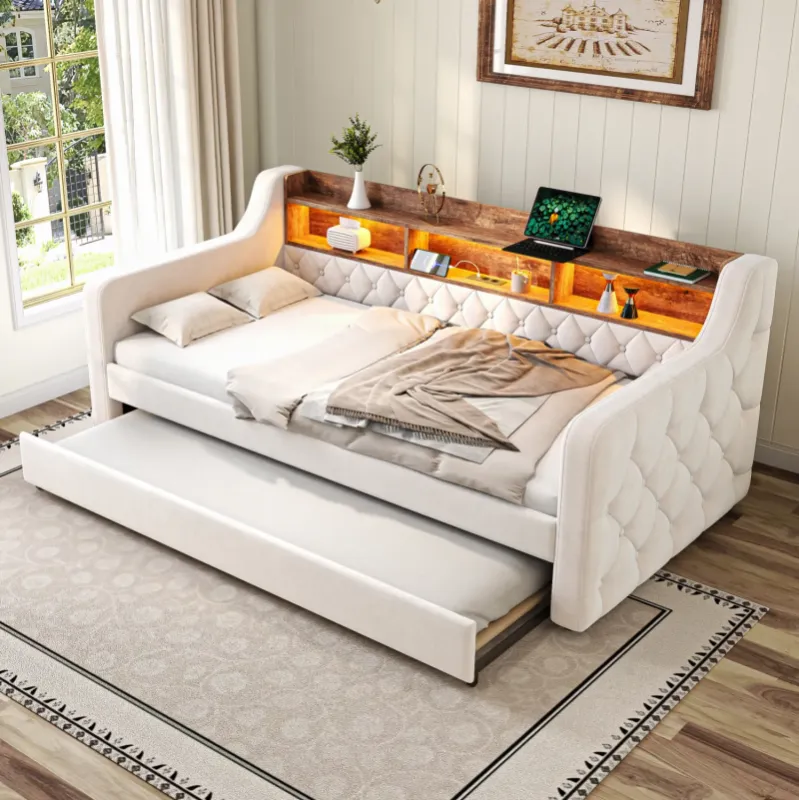 Velvet Sofa Bed, 90x190 cm, in Beige, with LED Lighting, Storage & USB-C