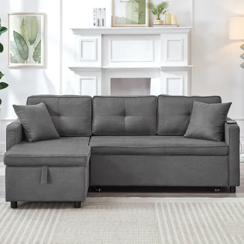3-Seater Reversible L-Shaped Sofa Bed with Storage Chaise and USB Charging - Grey