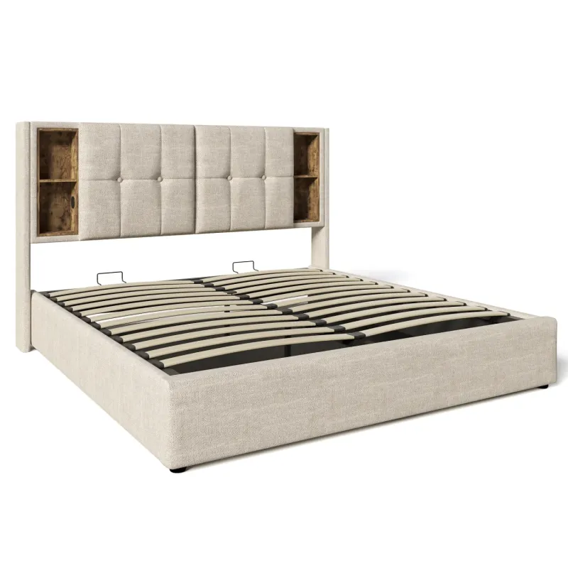 Upholstered Ottoman Storage Bed with Wireless Charging Headboard