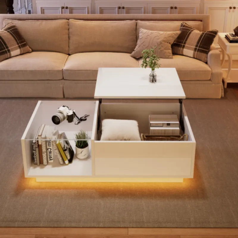 High Gloss White Lift-Top Coffee Table with App-Controlled LED & Storage - 100cm