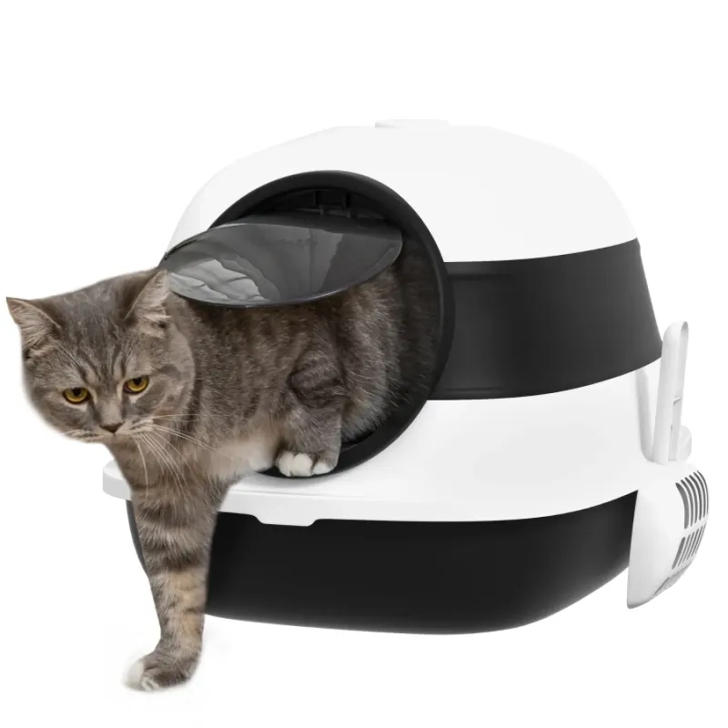 Foldable Cat Litter Tray with Lid and Scoop - Black