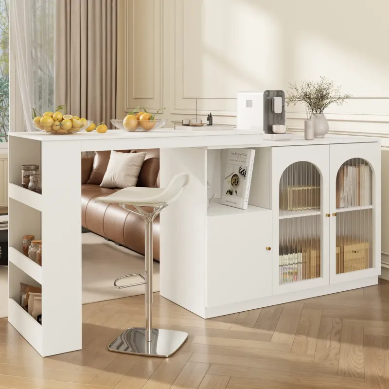 360° Rotating White Bar Table and Storage Cabinet with Fluted Glass Doors