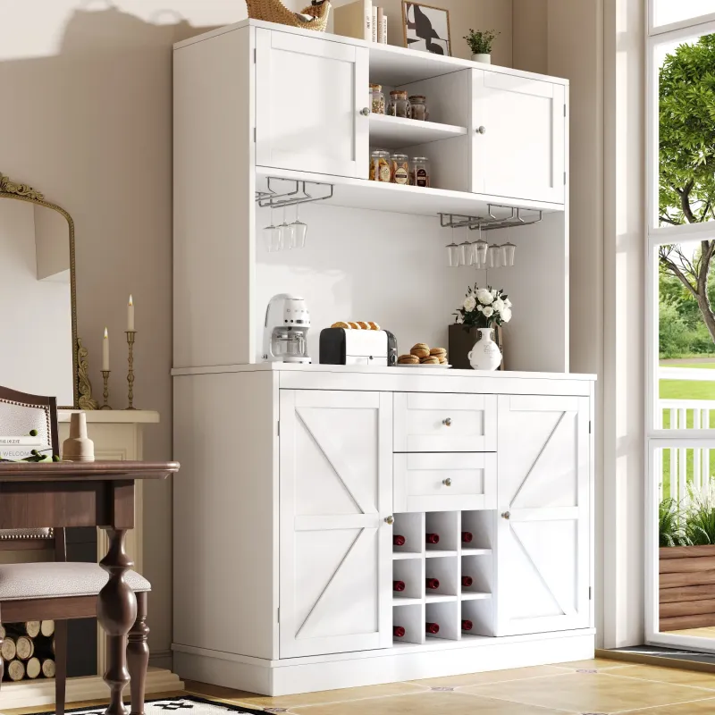 Kitchen Larder Cupboard with Wine Rack & Adjustable Shelves, White