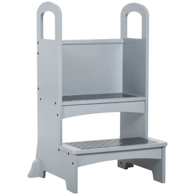Kids 2-Step Wooden Learning Stool with Safety Handles - Grey