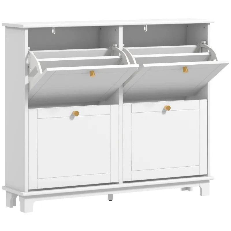 Narrow White Shoe Storage Cabinet with 4 Flip Drawers and Gold Handles - 16 Pair Capacity