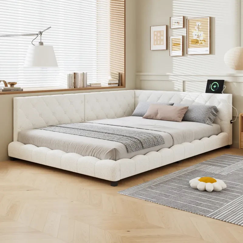 Boucle Upholstered 4ft6 Double Bed Frame with Twin Headboards, Beige