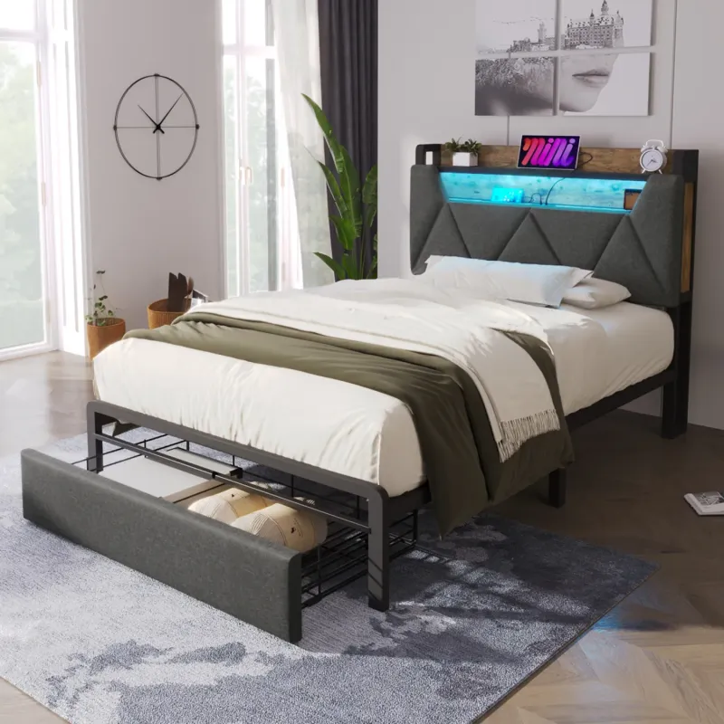 3ft Single Grey Linen Upholstered Bed Frame with LED Headboard, USB Charging & Storage Drawer