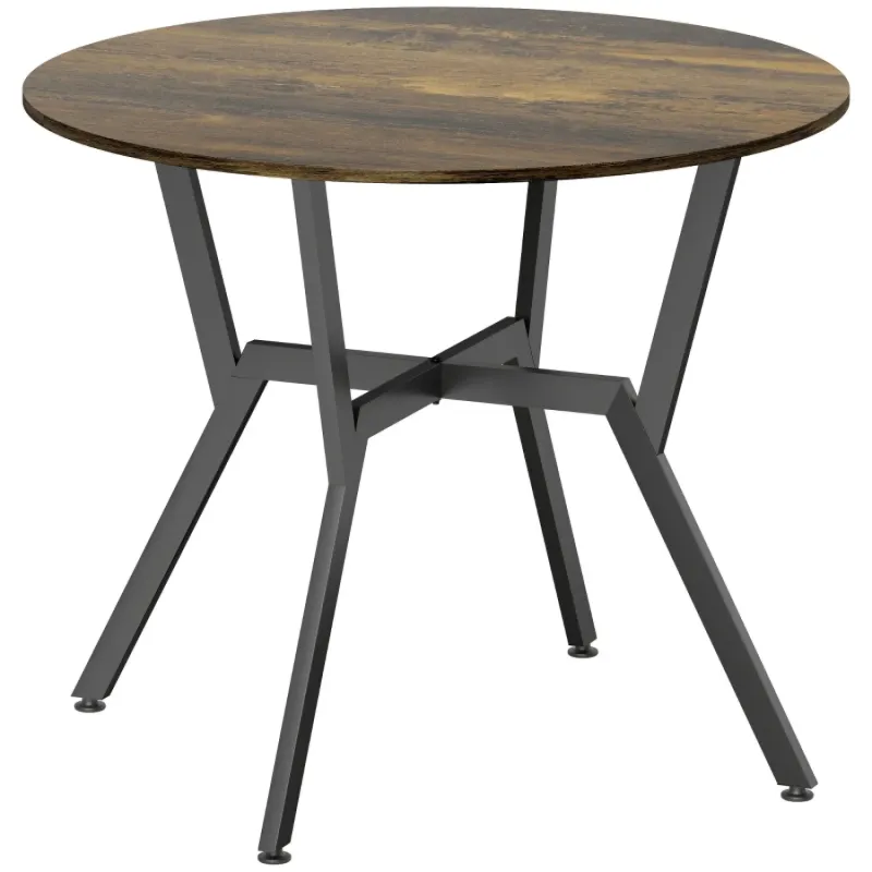  90cm Round Dining Table, 2-Seater Industrial Kitchen Table with Metal Legs - Rustic Brown