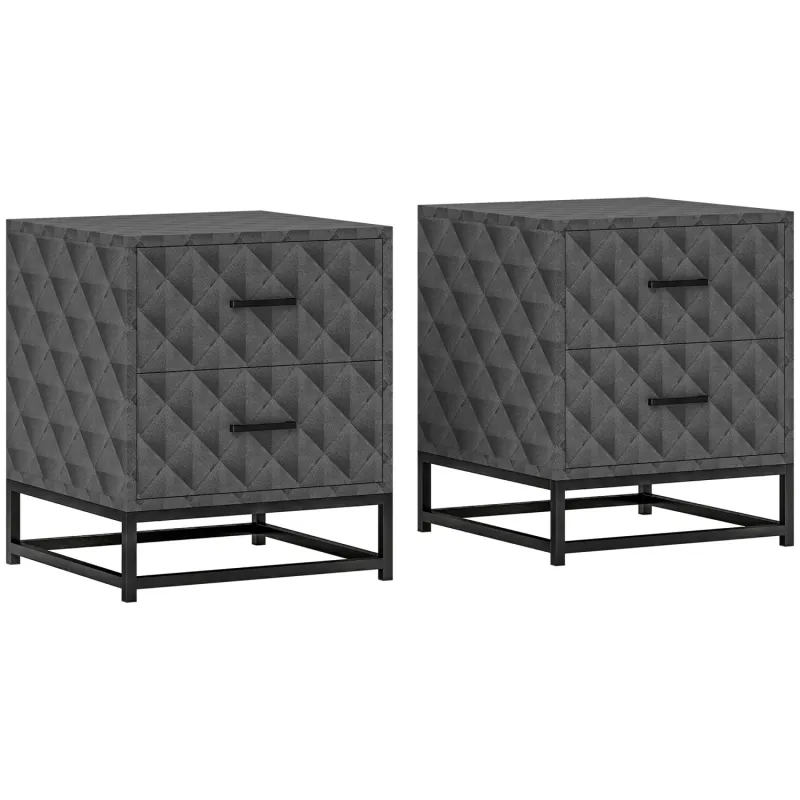 Diamond Pattern Bedside Table Set of 2 with 2 Drawers - Grey