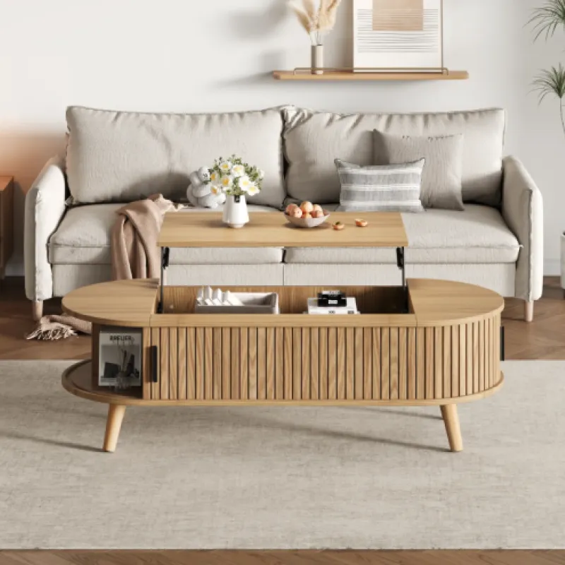Oval Coffee Table, Wood Grain Finish in Natural Wood, with Lift-Up Top and Hidden Storage