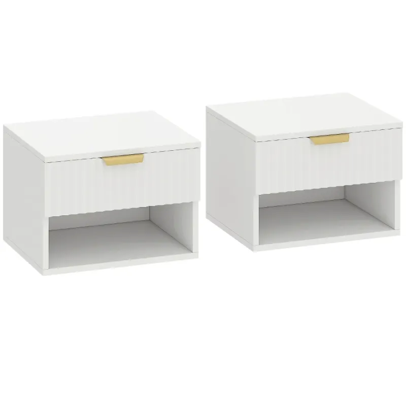  Set of 2 Floating Bedside Tables with Fluted Drawers - White