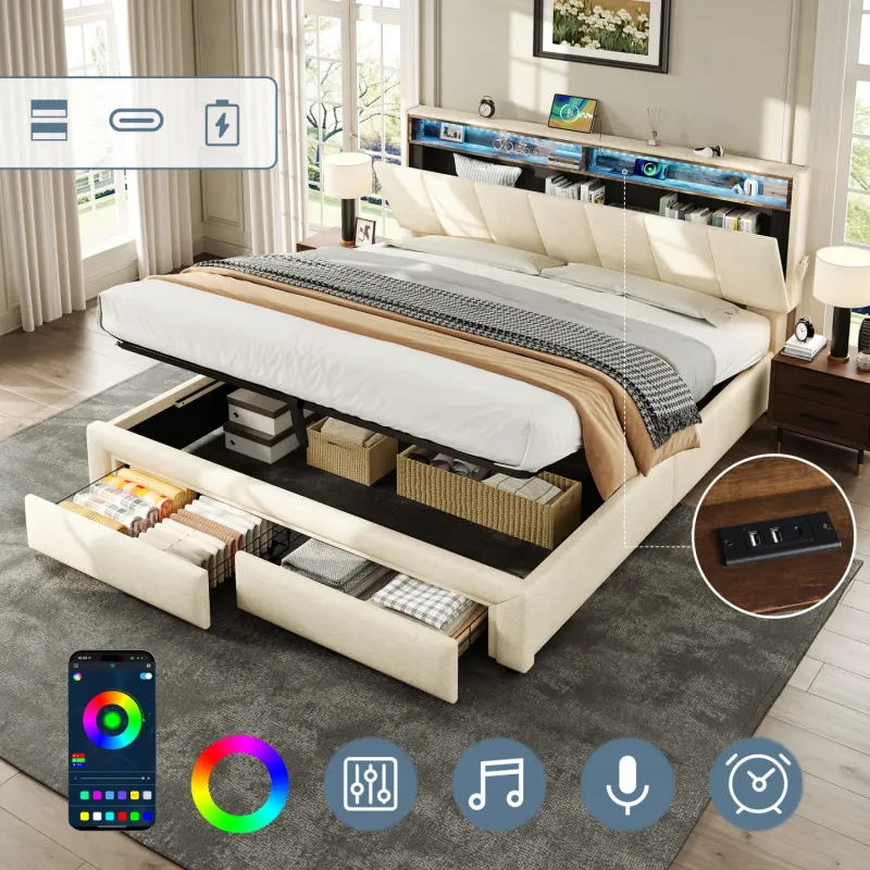 King Size Upholstered Ottoman Bed Frame with LED Storage Headboard & USB Charging - Beige
