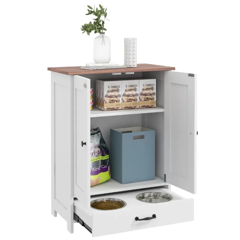 Dog Feeding Station with Raised Bowls & Storage Cabinet - White