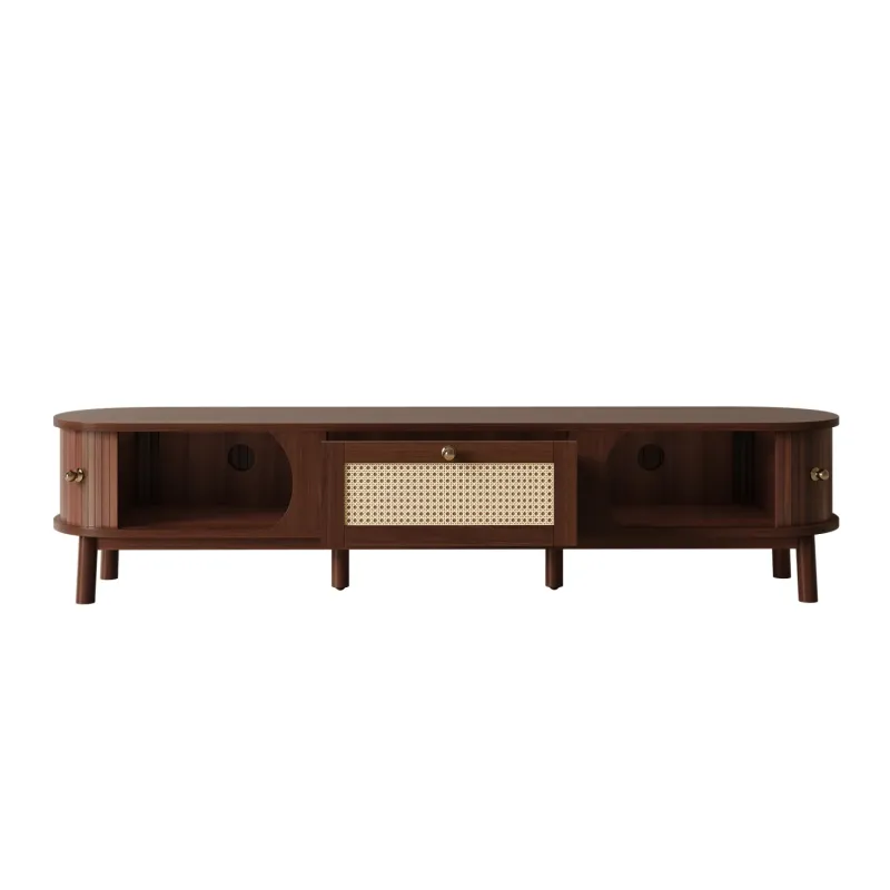 Solid Wood and Rattan TV Unit, 170cm, in Walnut, with Sliding Doors and Drawers