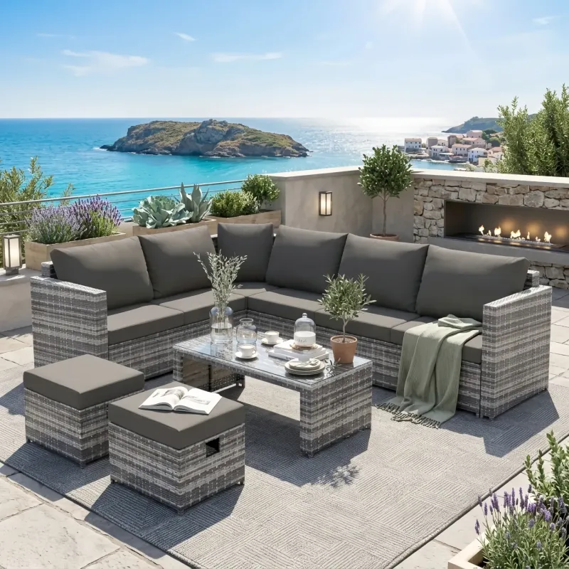 8 Seater Rattan Garden Corner Sofa Set with 2 Stools and 2 Coffee Tables