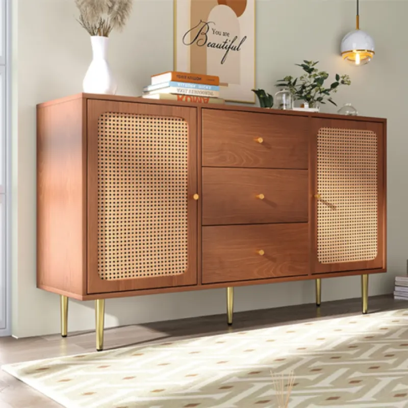 Walnut Rattan Sideboard with 3 Drawers and 2 Doors
