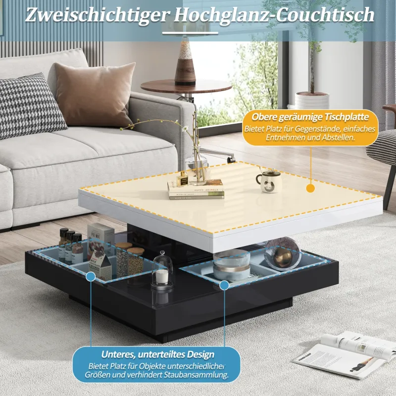 Square Coffee Table, High Gloss & Marble-Effect in White & Black, with 360° Rotation and Storage