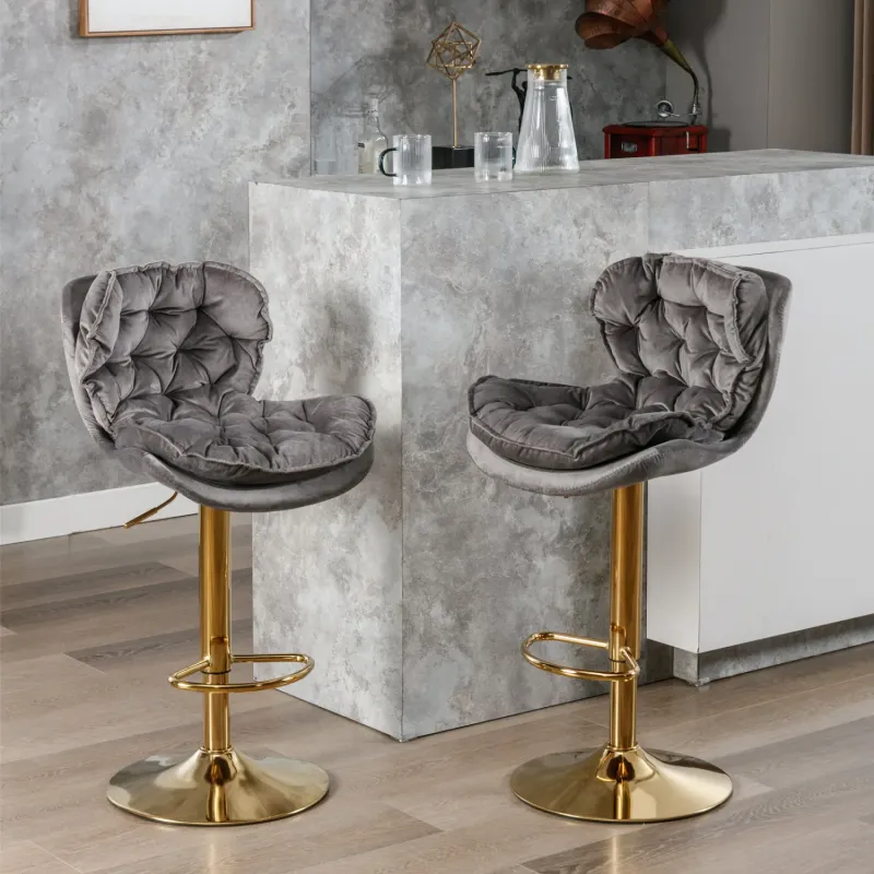 Set of 2 Grey Velvet Bar Stools with Gold Legs and Adjustable Swivel Seat