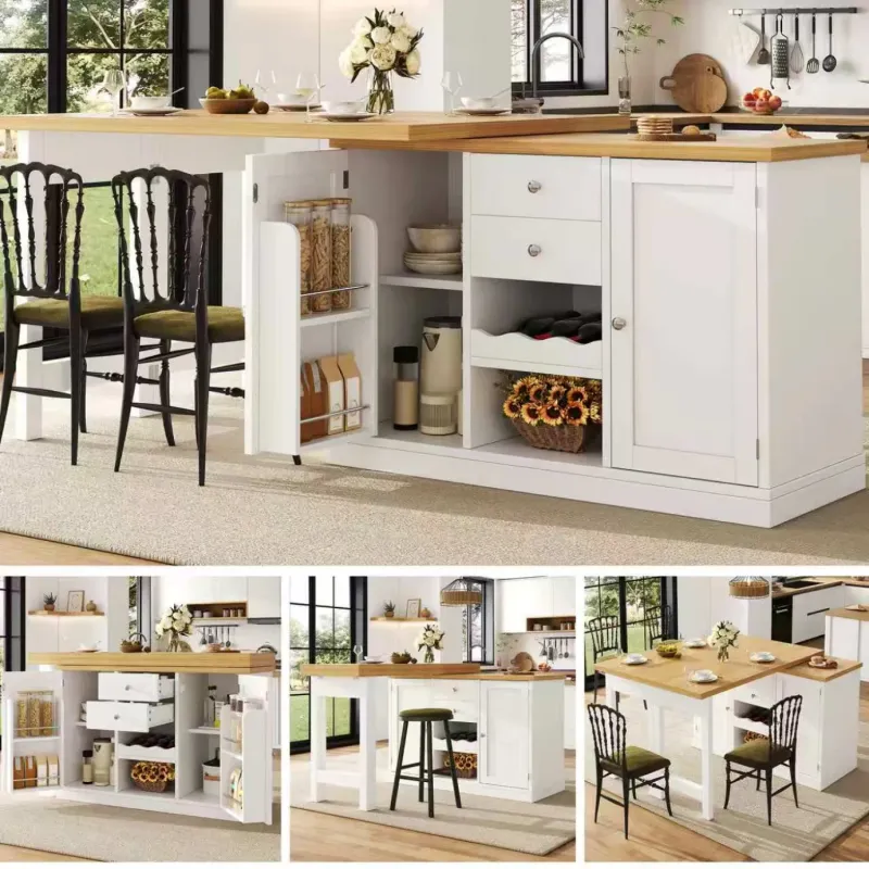 Wood Grain Finish Extendable Sideboard Dining Table, 120-197cm, in White & Black, with 2 Drawers & Wine Rack