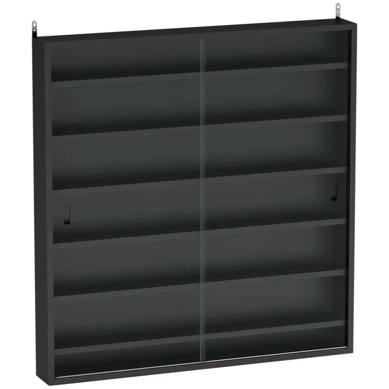 Six Shelf Wall Mounted Display Cabinet with Glass Doors - Black
