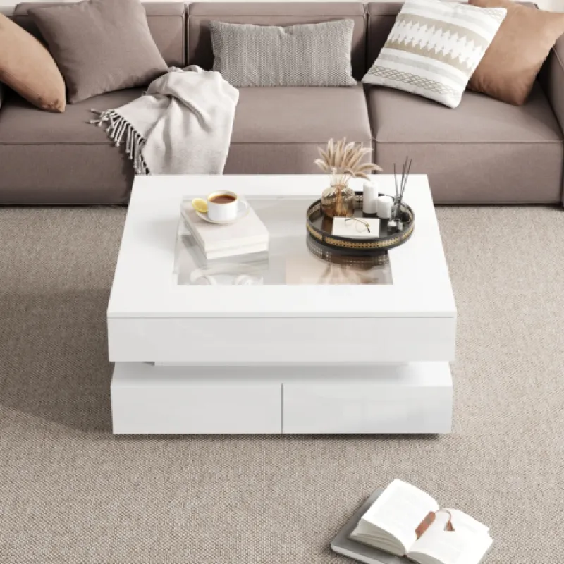 Square Coffee Table, High Gloss in White, with 3 Drawers and LED Lights