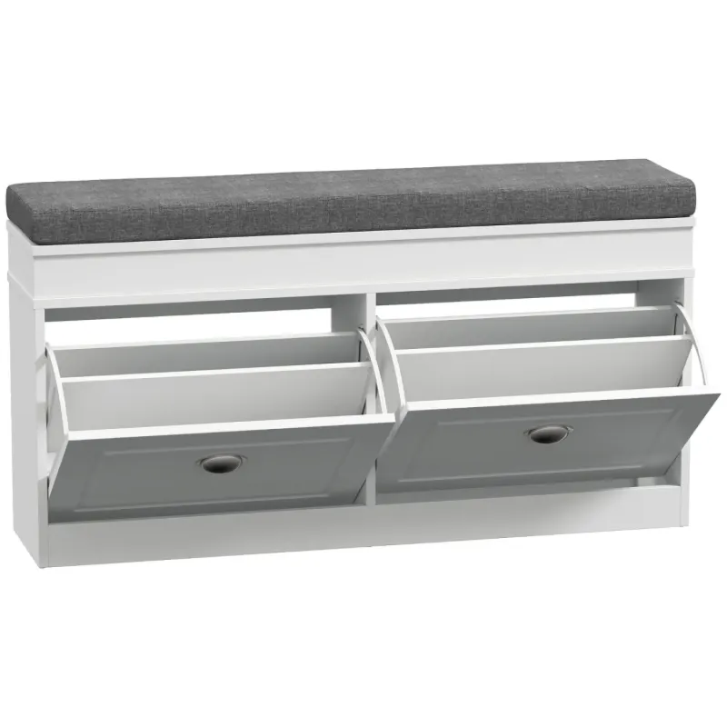 Shoe Storage Bench with Two Flip Drawers and Padded Seat - White