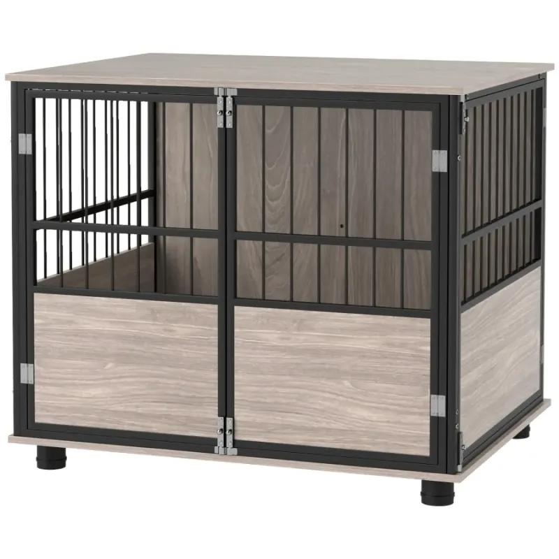 80cm Furniture Style Indoor Dog Crate Side Table with 3 Doors and Cushion