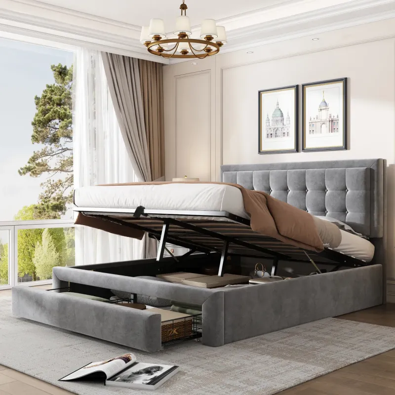 Velvet Upholstered Ottoman Storage Double Bed with Adjustable Headboard - Grey