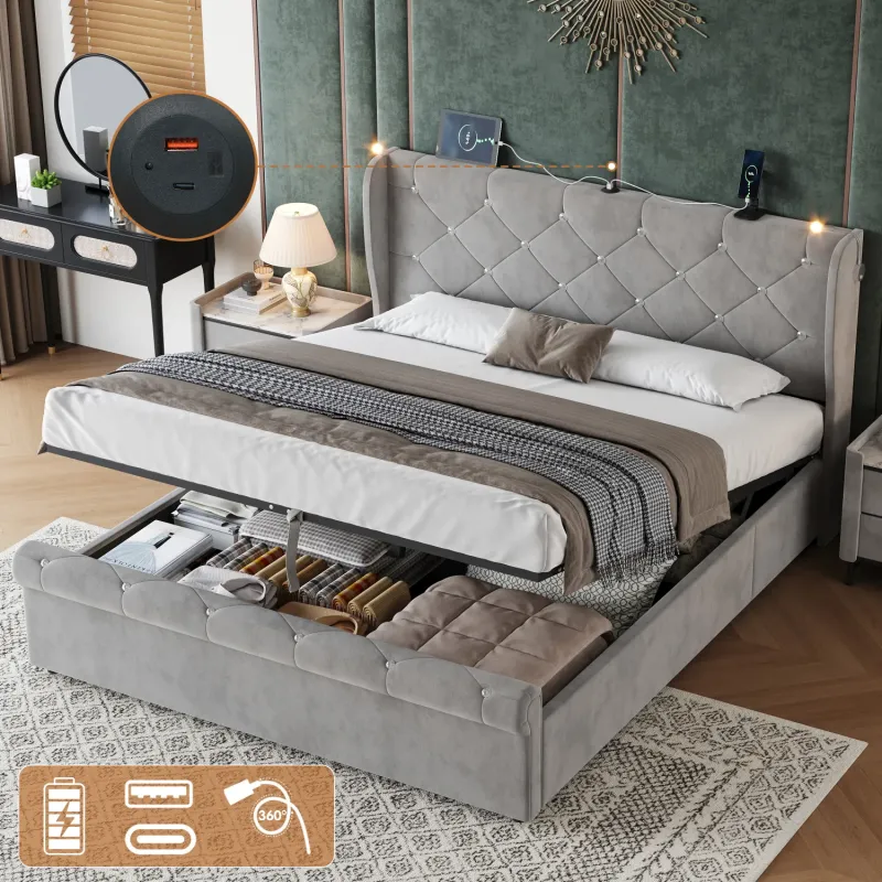 4ft6 Double Grey Velvet Hydraulic Storage Bed with Charging Station and Reading Lights