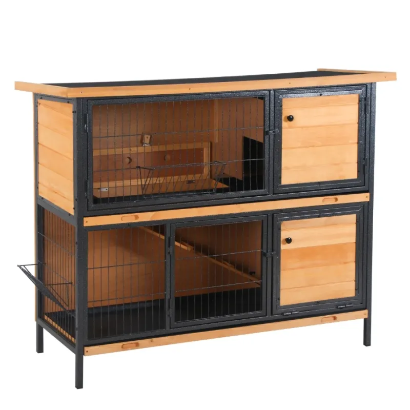 2-Tier Outdoor Rabbit Hutch with Metal Frame and Run, Light Yellow - 122cm