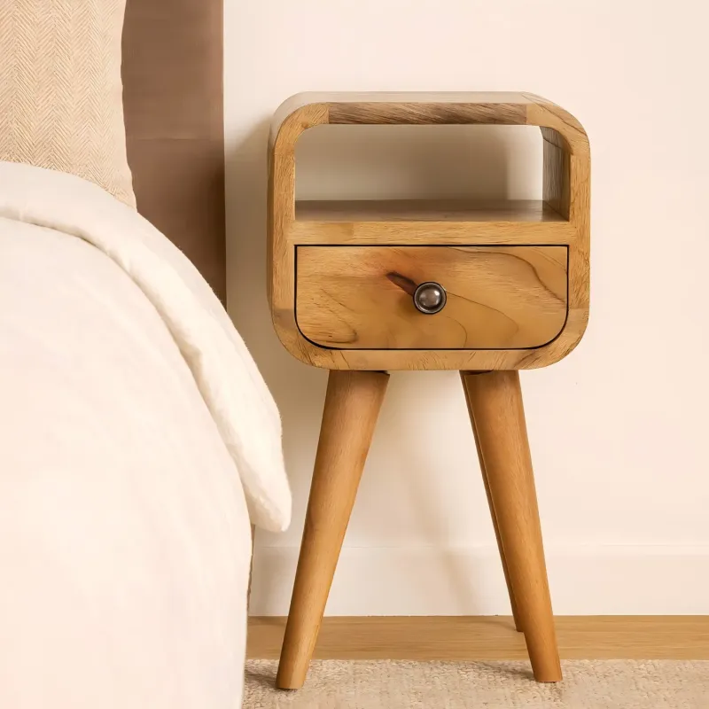 Solid Mango Wood Extra Mini Curved Bedside Table with Drawer - Oak-ish