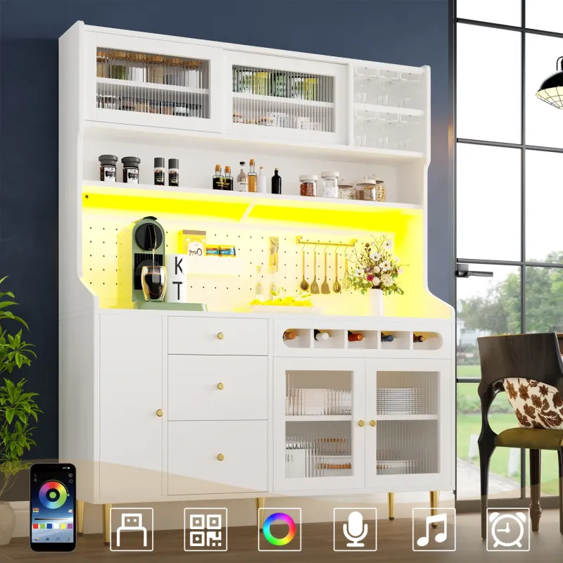 145cm Tall Highboard Display Cabinet with Smart LED Lighting & Wine Rack - White